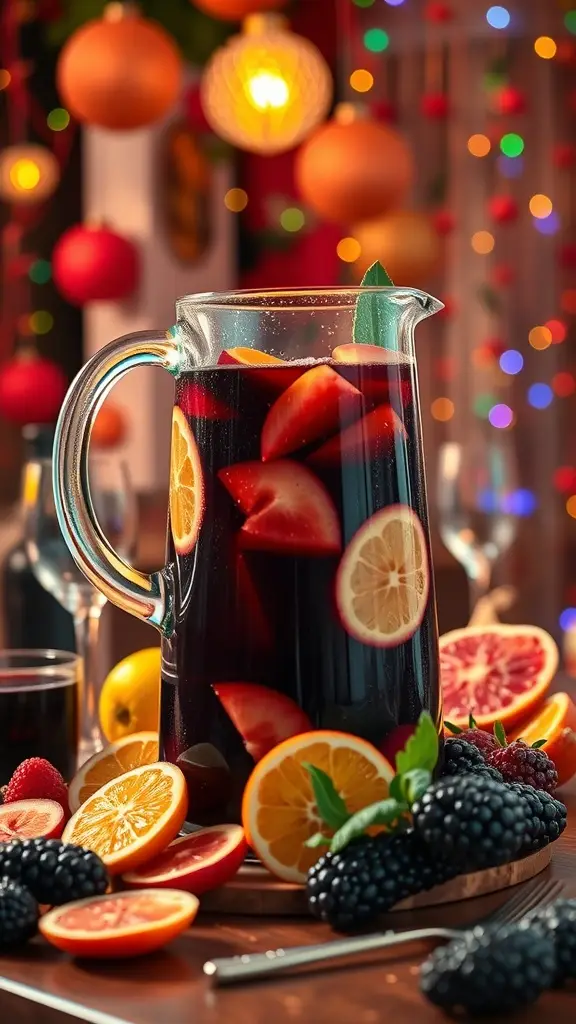 A pitcher of dark fruit sangria surrounded by fresh fruits and a vibrant atmosphere.