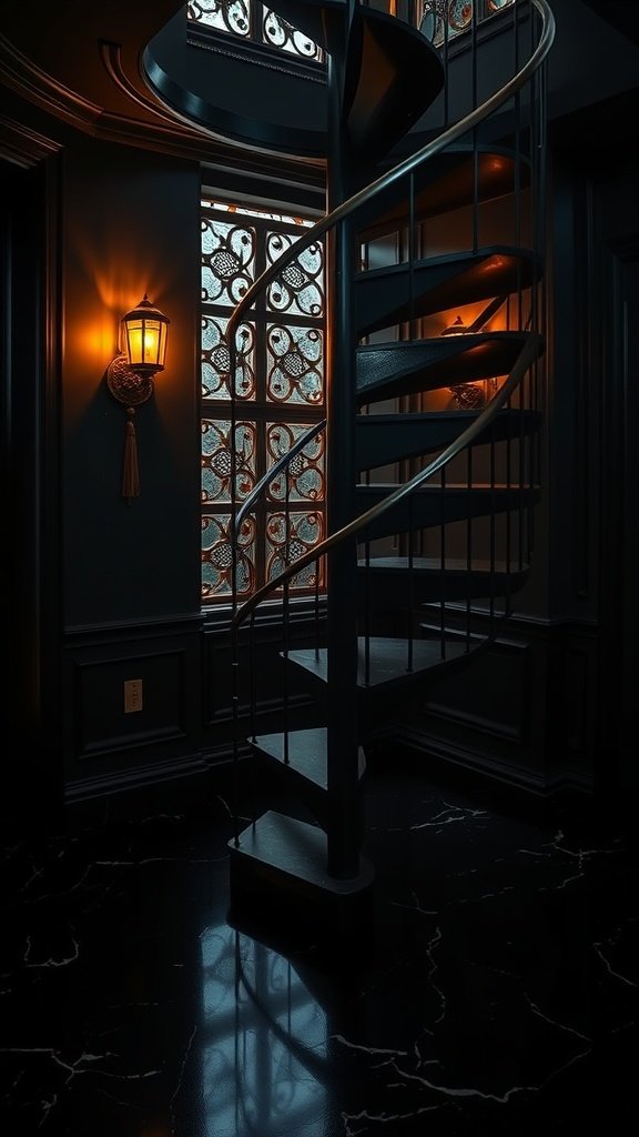 A dark spiral staircase with a lantern and intricate window design, creating a mysterious atmosphere.