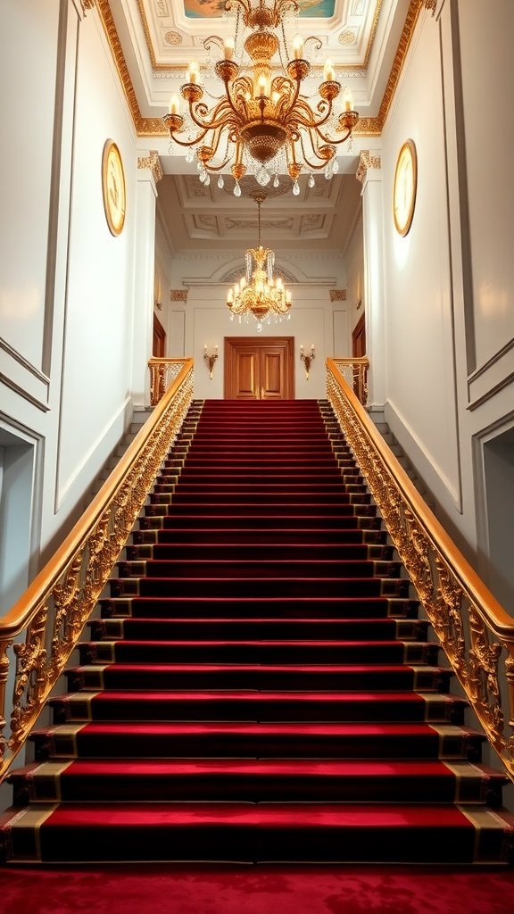 A grand staircase with red velvet carpet and golden railings, illuminated by a sparkling chandelier.