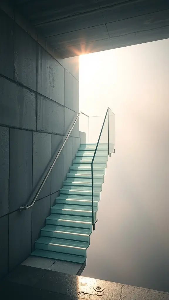 A modern glass staircase with a high-heeled shoe on one step, illuminated by soft foggy light.