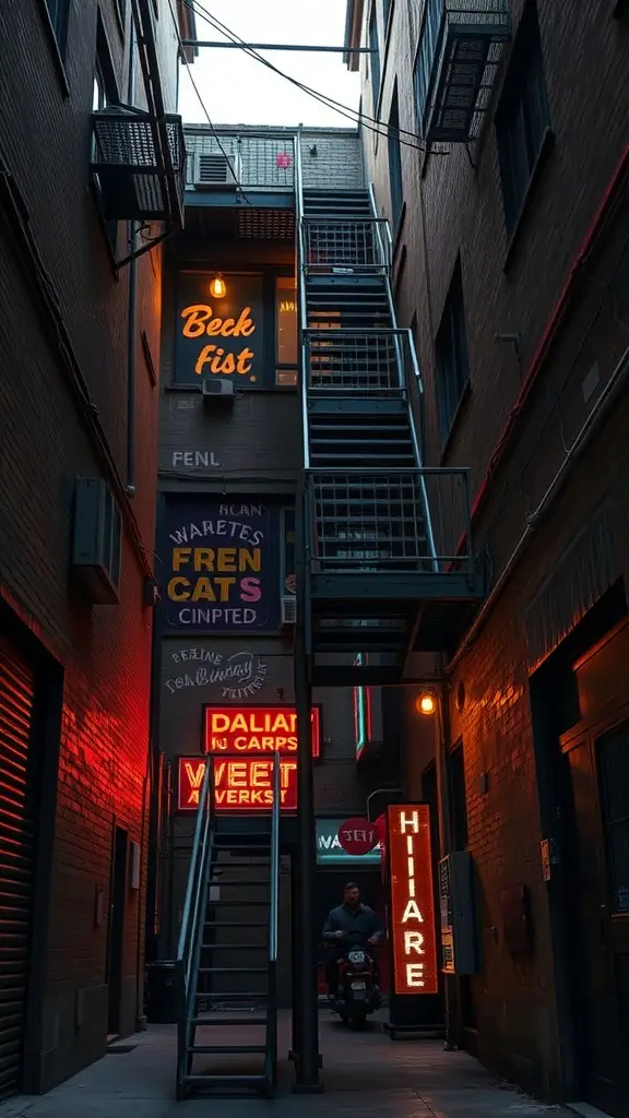 A metal staircase in a narrow alley illuminated by neon signs, creating an industrial vibe.