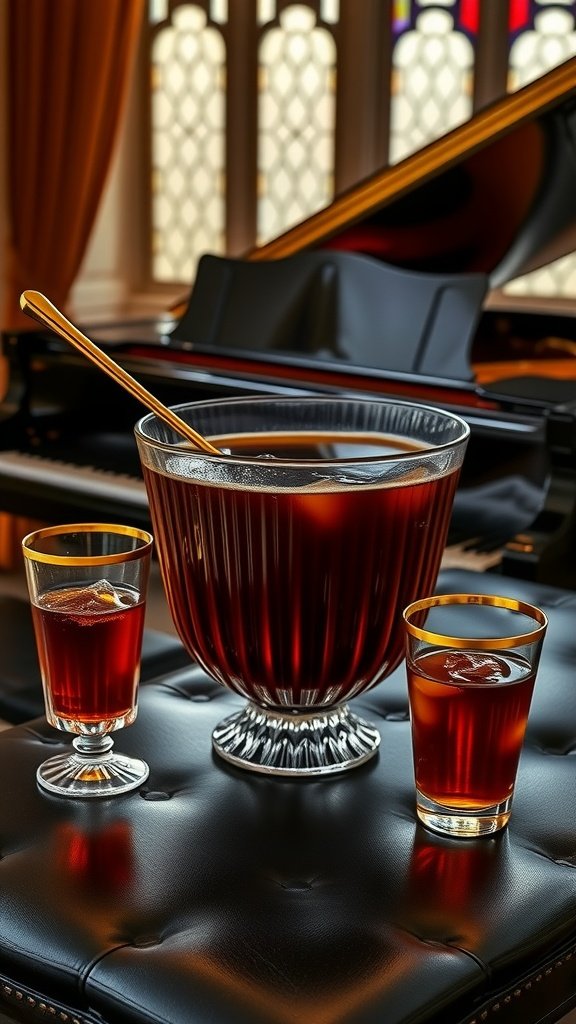 A bowl of Amber Maple Whiskey Punch with glasses beside a grand piano.