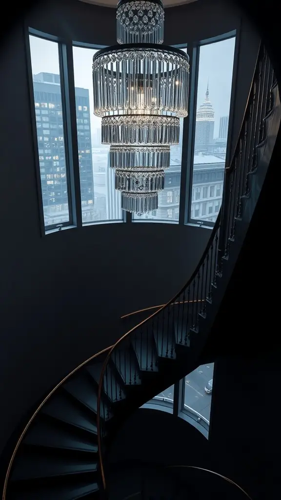 A spiral staircase with a large chandelier above, framed by windows showing a city skyline.