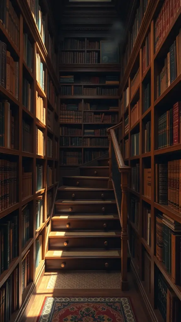 A wooden staircase in a library passage surrounded by shelves filled with books, illuminated by sunlight.