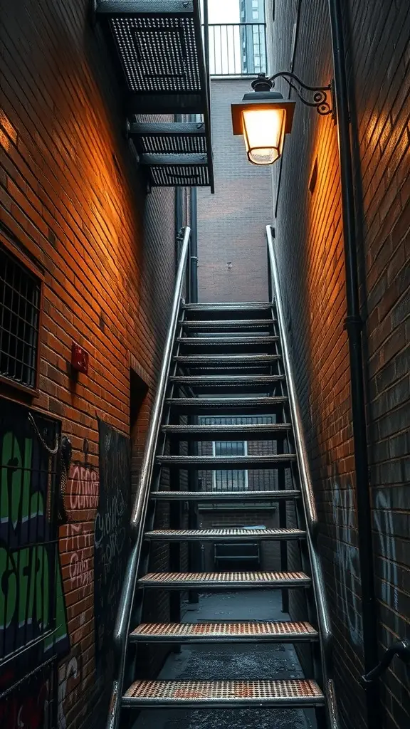 A fire escape staircase illuminated by a lamp, surrounded by brick walls and graffiti.