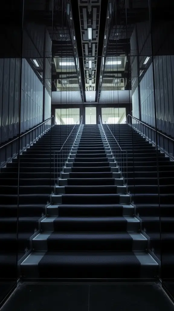 A grand staircase made of white marble with a black piano at the base, featuring large windows and a dome ceiling.