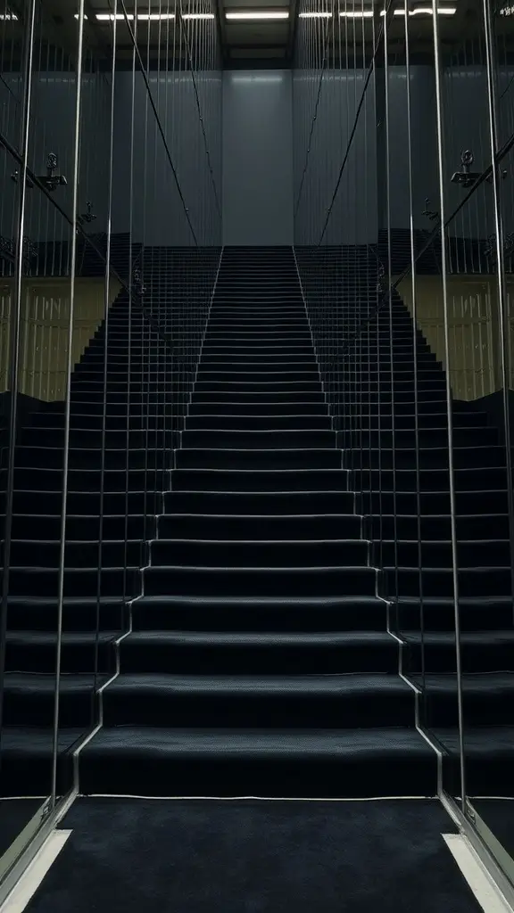 A beautifully designed staircase with gold accents and a red carpet, leading up to a decorative wall with swirling patterns.