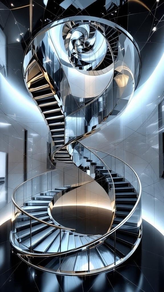 A modern spiral staircase with black and white design and wooden accents.