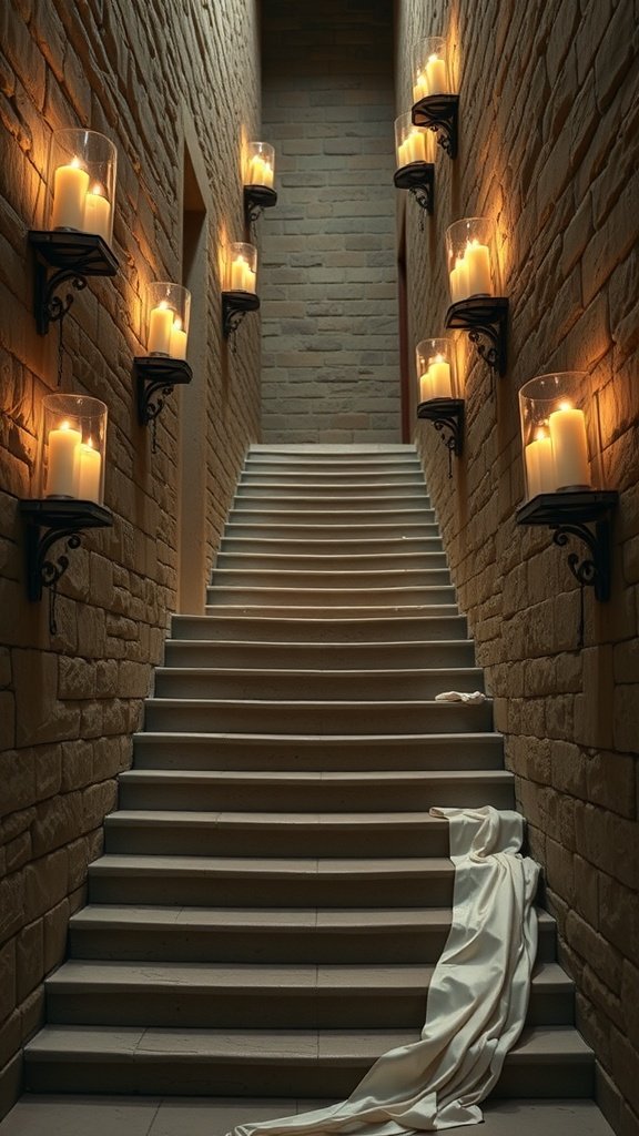 A staircase illuminated by candles, with a white fabric draped on the steps.