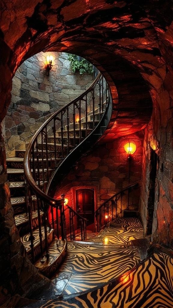 A dramatic staircase with tiger-striped carpet and dark swirling wall patterns, leading to a club entrance.