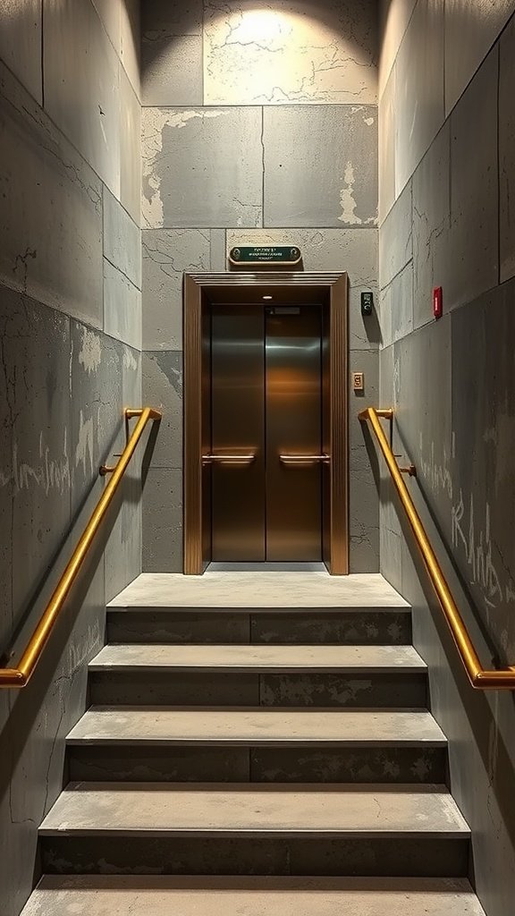 Concrete staircase with brass railings leading to an elevator