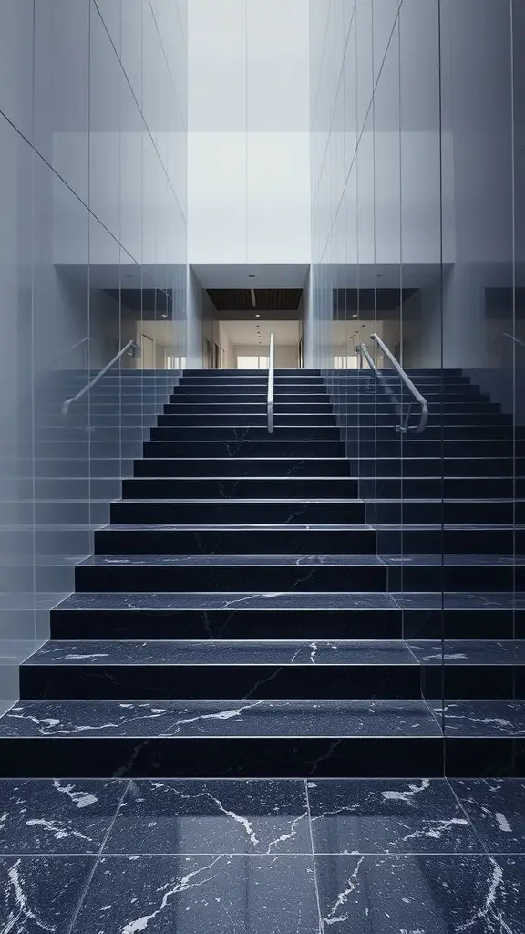 A modern staircase with dark marble steps and glass railings, leading to a bright space.