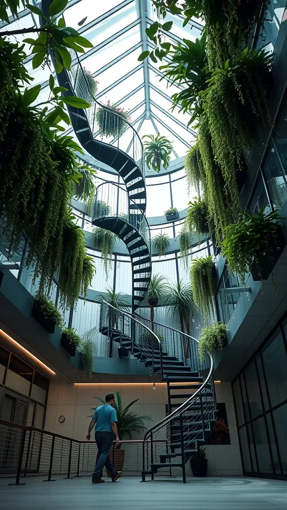 A spiral staircase surrounded by lush plants in a bright atrium.