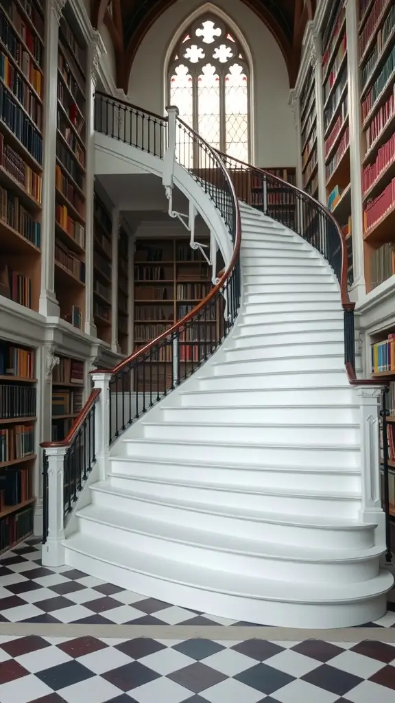 A grand white spiral staircase in a library with dark wooden shelves and arched windows.