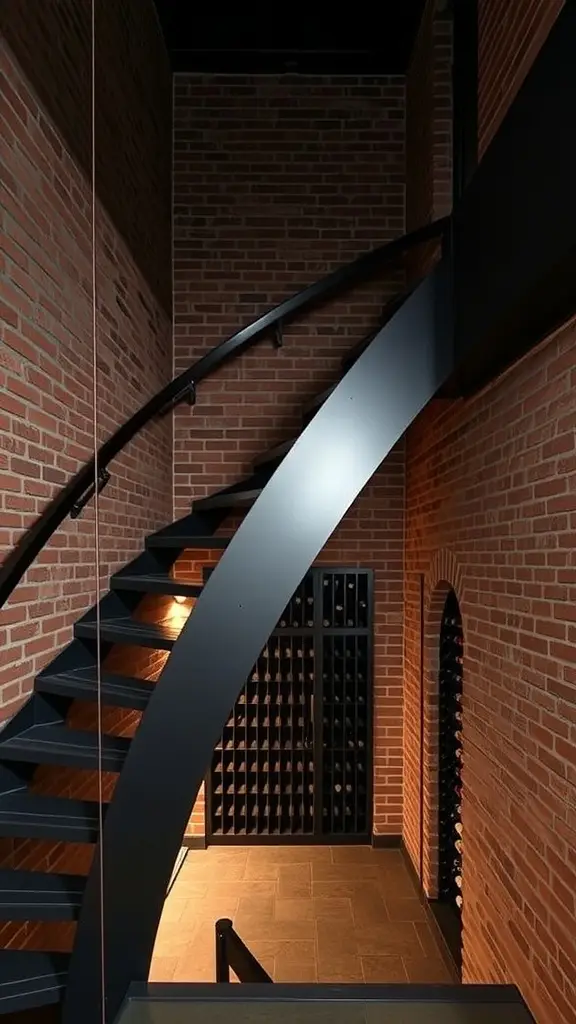 A modern steel staircase against warm brick walls, leading to a wine cellar.