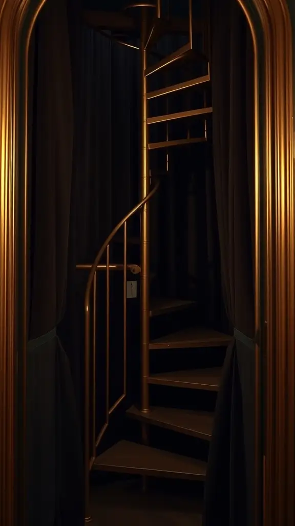 A spiral staircase with a golden metal structure, surrounded by dark curtains, leading to a hidden space.