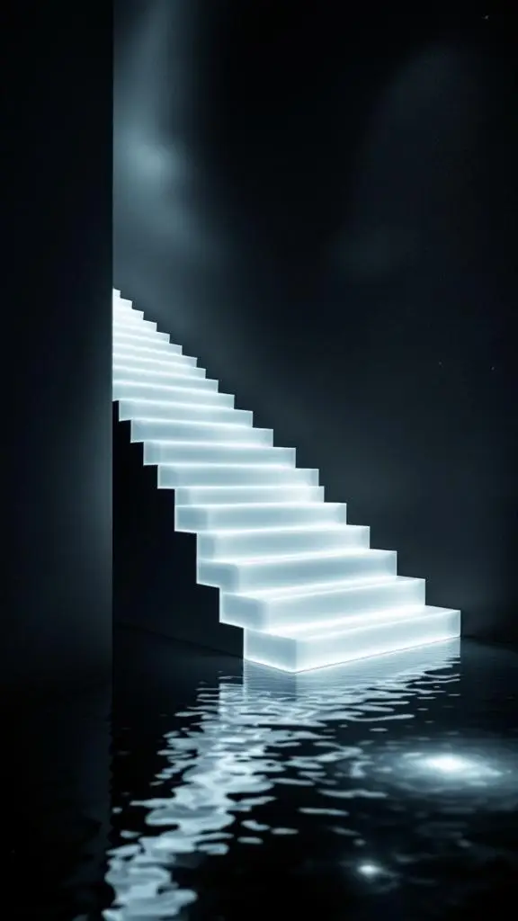 A minimalist staircase with soft lighting in a modern space