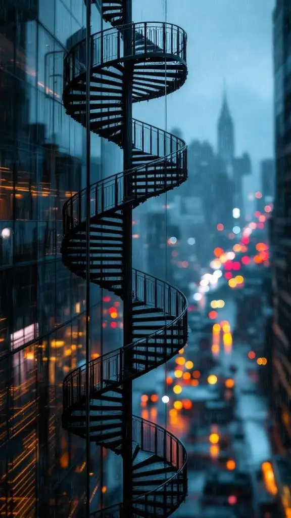 A spiral staircase against a backdrop of glass buildings on a rainy day.