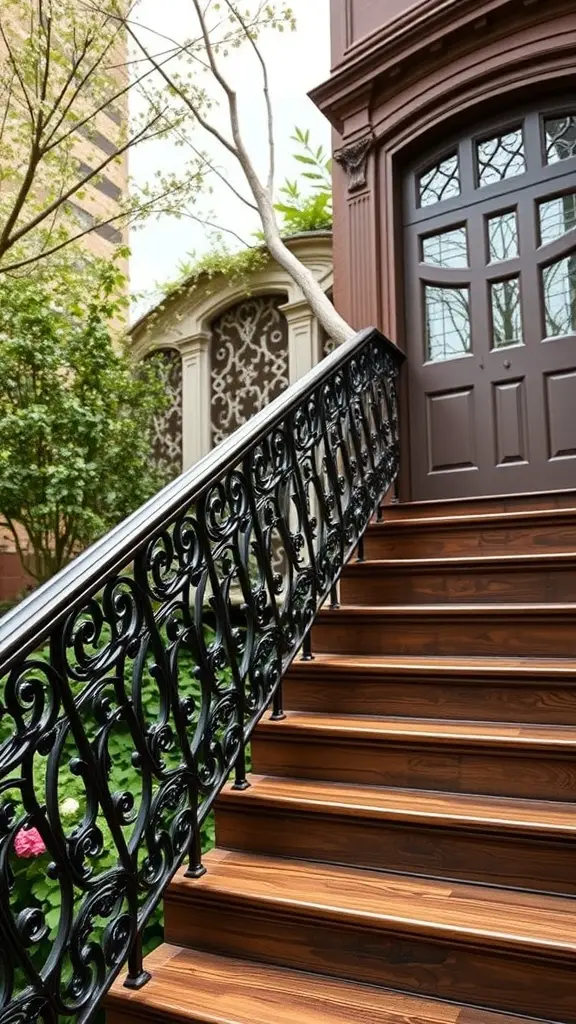 A staircase with a black lace balustrade leading to a door, surrounded by greenery.