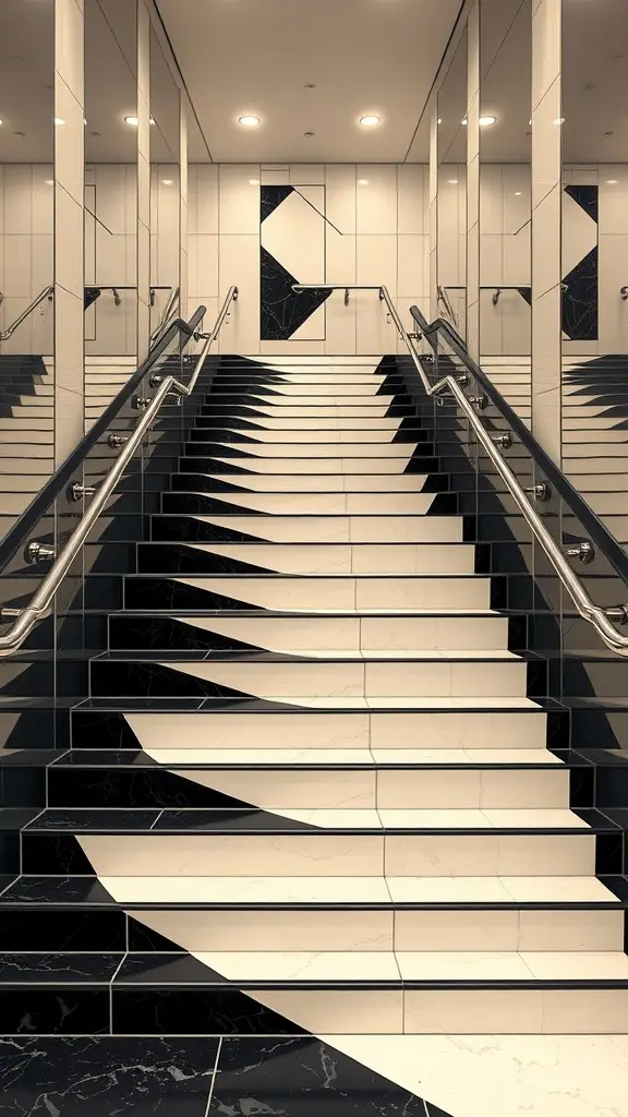 Art Deco staircase with black and white geometric patterns and mirrored walls