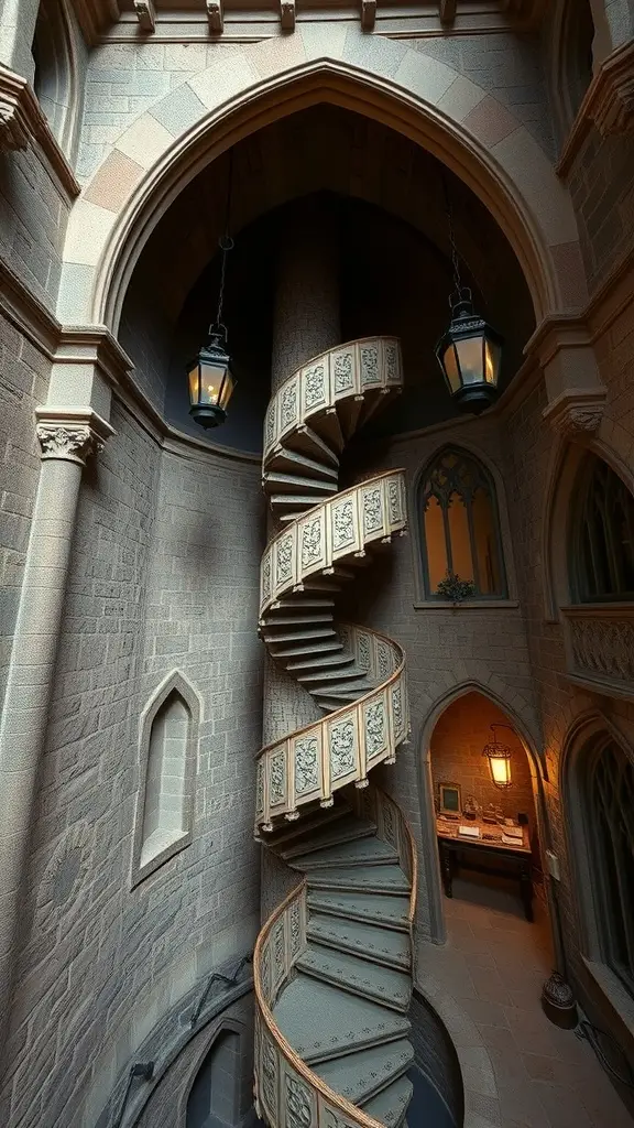 A spiral staircase made of stone with ornate railings, illuminated by lanterns in a grand architectural setting.