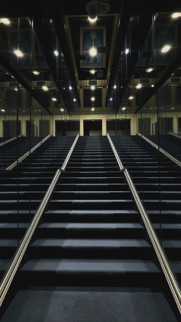 A modern staircase with mirrored walls and a sleek design, creating a dramatic atmosphere.