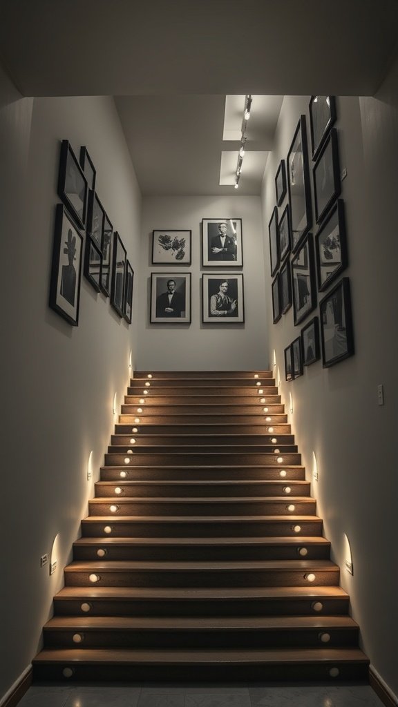 A modern staircase with wooden steps and wall art in black and white.