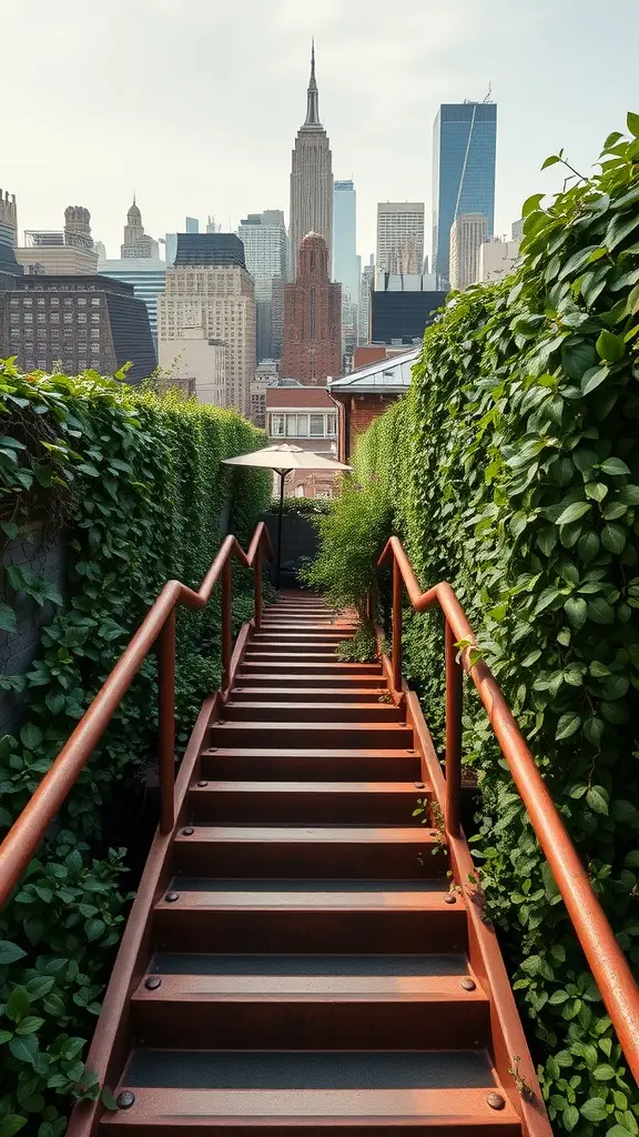 Rust-colored staircase surrounded by greenery with a city skyline in the background.