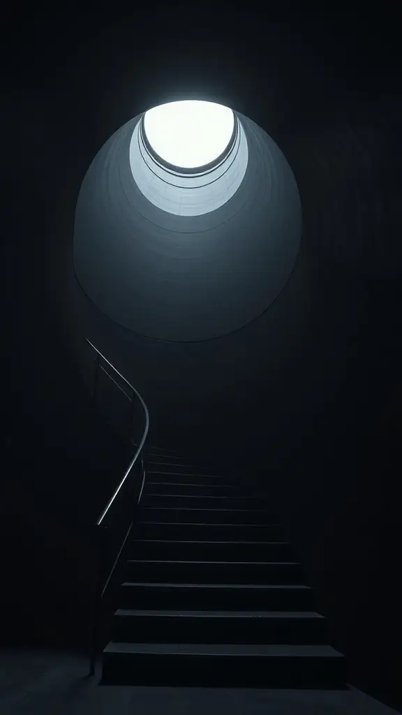 A dark spiral staircase leading up to a circular skylight.
