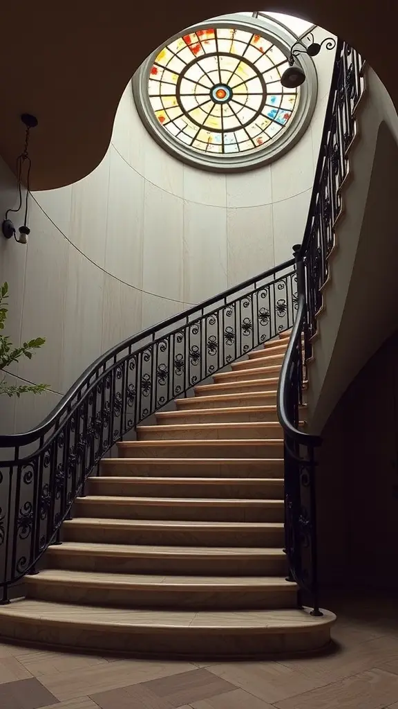 A beautifully designed staircase with wooden steps and a black railing, illuminated by a stained glass window above.