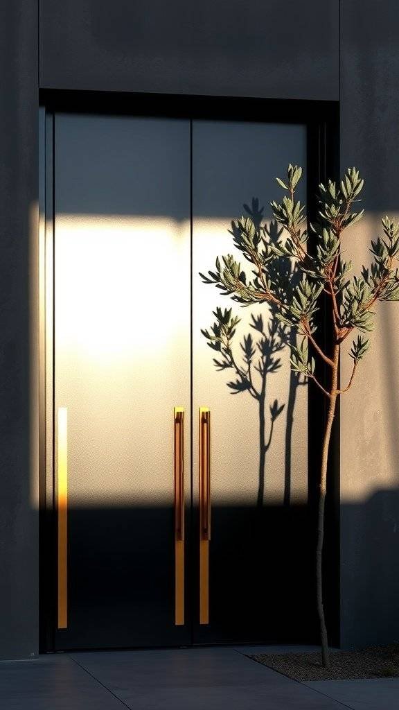 A modern black front door with golden handles and a tree casting a shadow beside it.