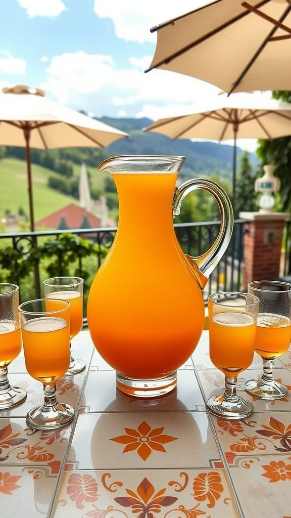 Golden Citrus Aperol Punch served in a pitcher with glasses on a terrace