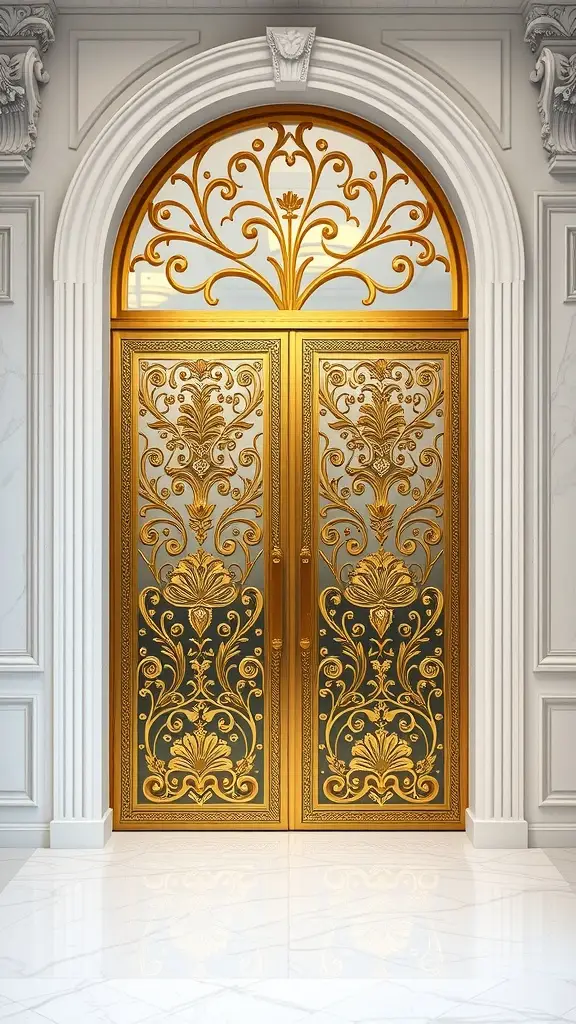 A luxurious front door with intricate golden designs and glass panels.