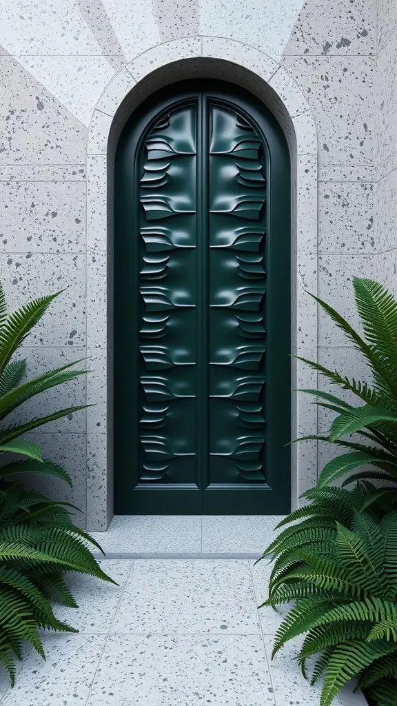 A striking green front door with a wavy texture, flanked by ferns, set against a textured wall.