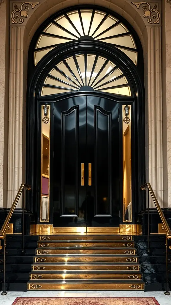 A dramatic Art Deco front door with black finish and gold accents, featuring an arched sunburst window and polished steps.