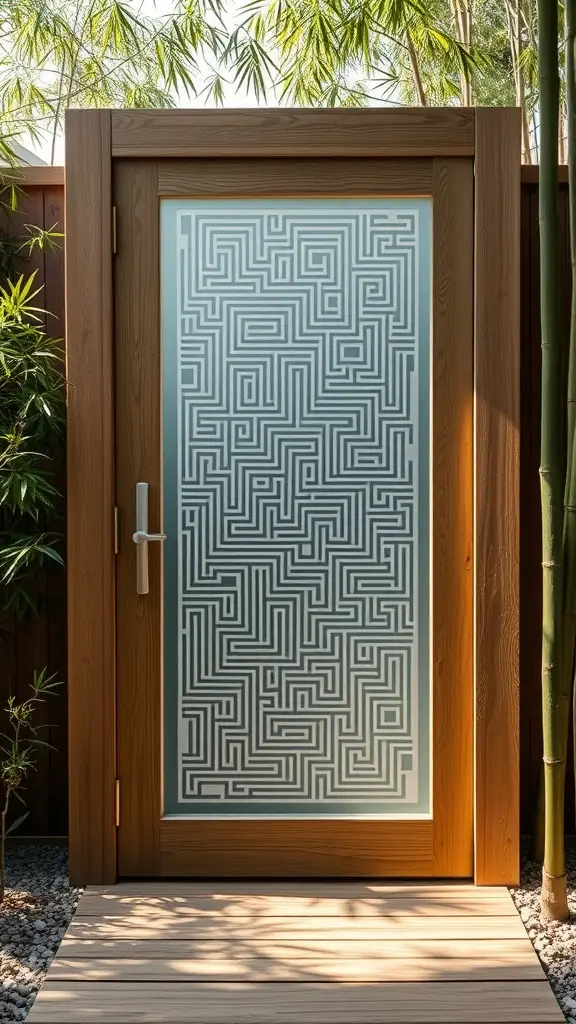 A modern wooden pivot door with a frosted glass panel featuring a maze pattern, surrounded by bamboo.