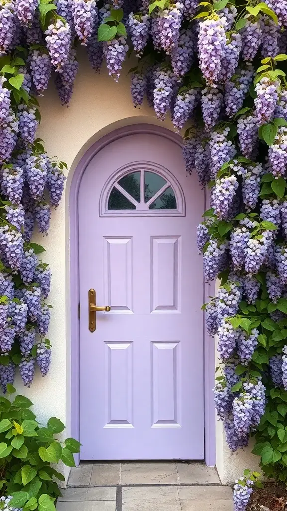 A lavender door framed by cascading wisteria flowers.