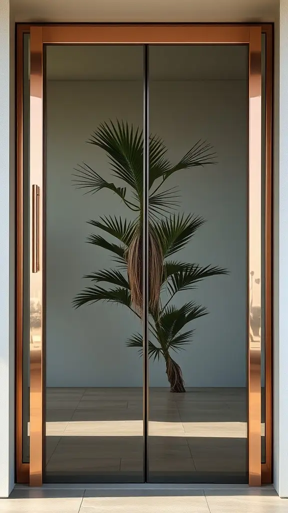 A modern glass front door with copper framing, reflecting a palm tree inside.