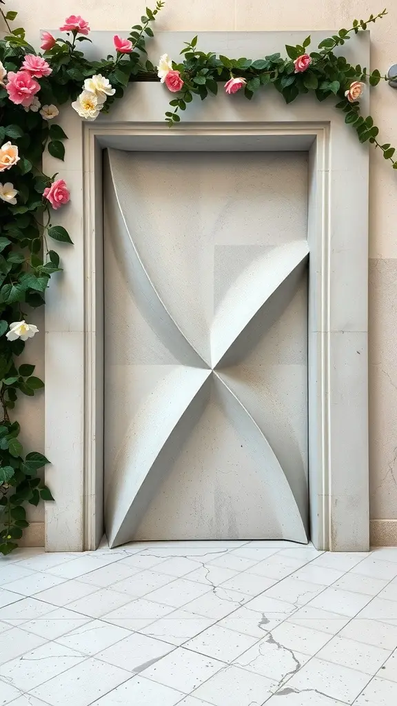 A sculpted concrete door with geometric patterns, framed by colorful flowers.