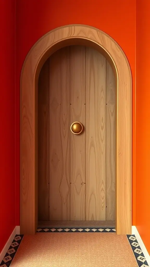 A wooden door with an arch design, set against bright orange walls, featuring a round golden doorknob.