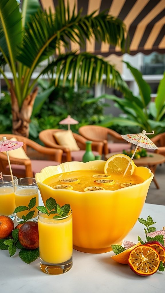 Tropical Passionfruit Punch in a seashell bowl with garnishes