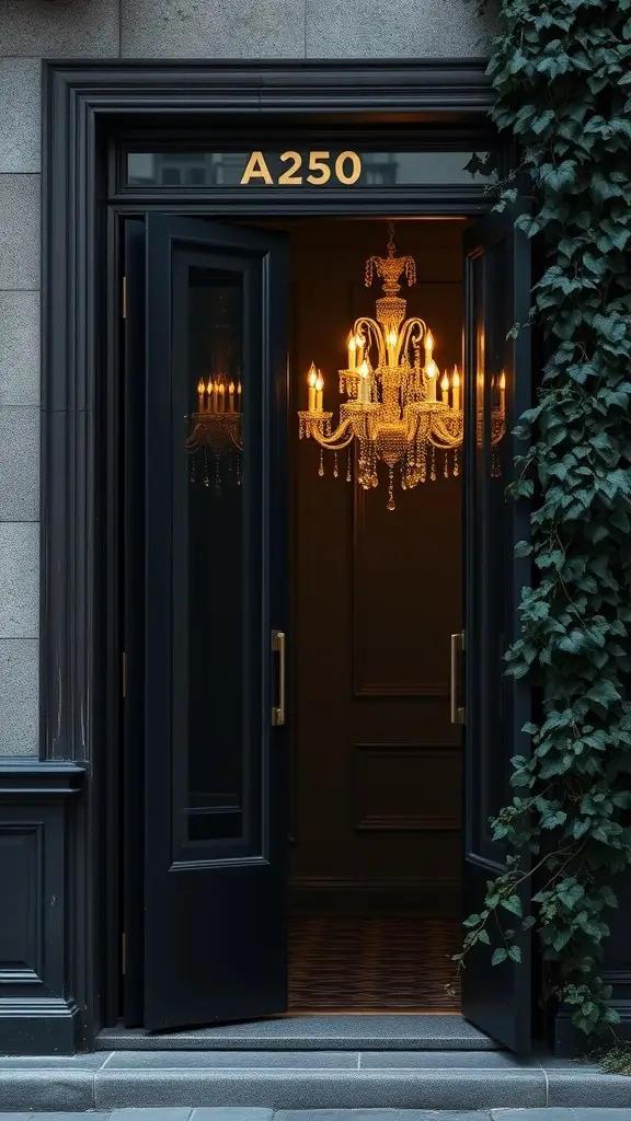 A striking black front door with a chandelier visible inside, surrounded by ivy.