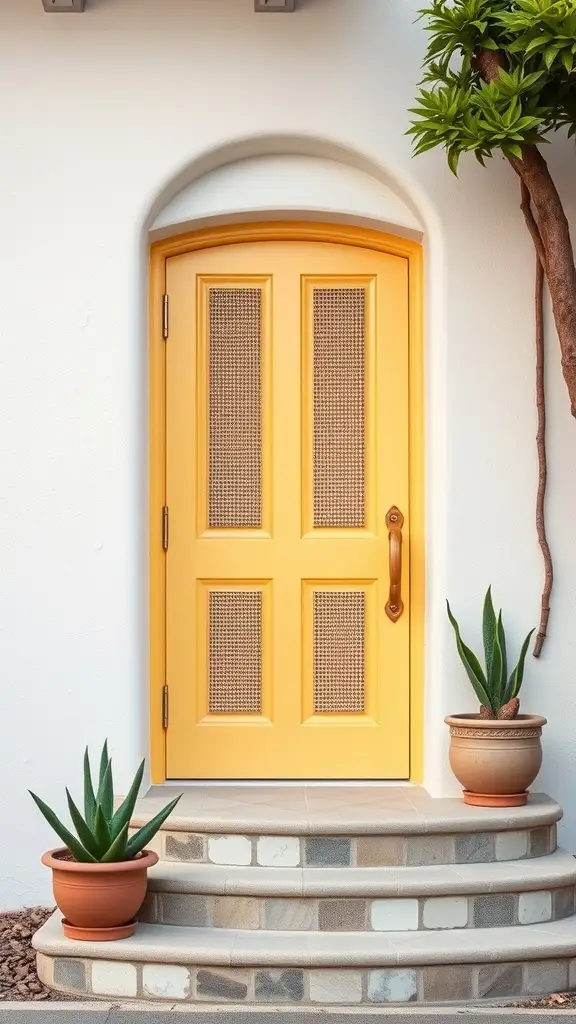 A bright yellow front door with woven details, surrounded by potted plants and steps.