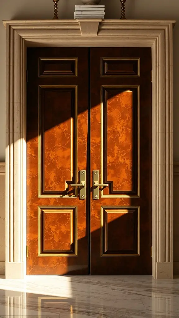 Luxurious tortoiseshell patterned double doors with gold accents