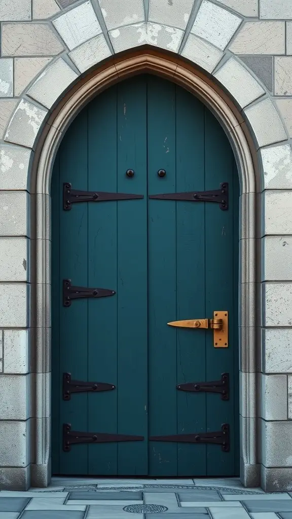 Teal wooden door with black metal hinges and a golden handle, set in a stone wall.