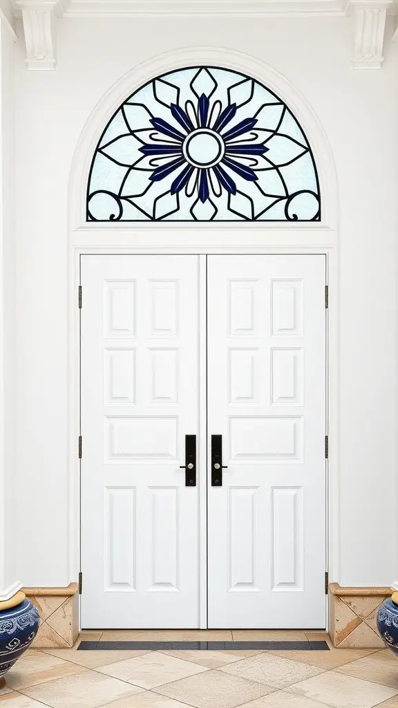 A pair of white double doors with a decorative arched stained glass window featuring a blue flower design.