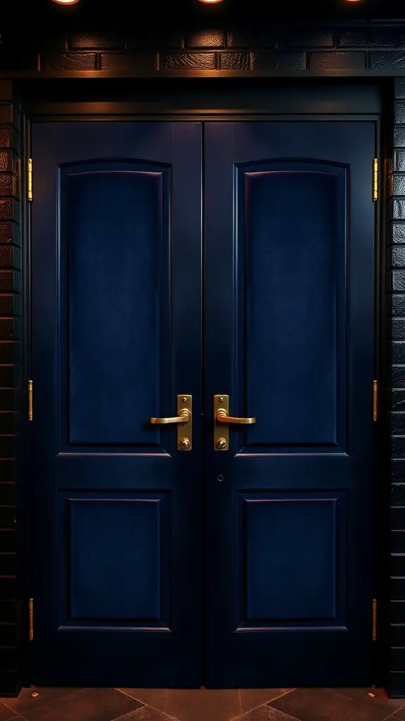 A luxurious navy blue double door with gold hardware, set against a dark brick wall, illuminated by soft lighting.
