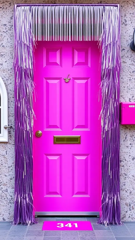 A vibrant pink front door with purple fringe decorations, showcasing a bold and playful design.