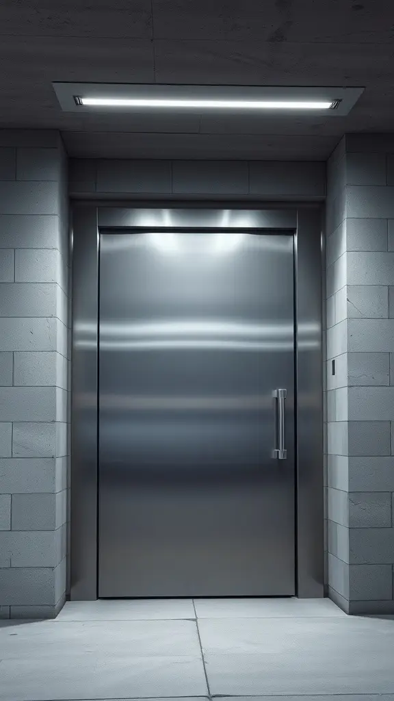 A sleek silver door with a minimalist design, set against concrete walls.
