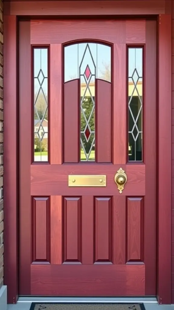 A burgundy front door with glass panels and brass hardware on a bungalow